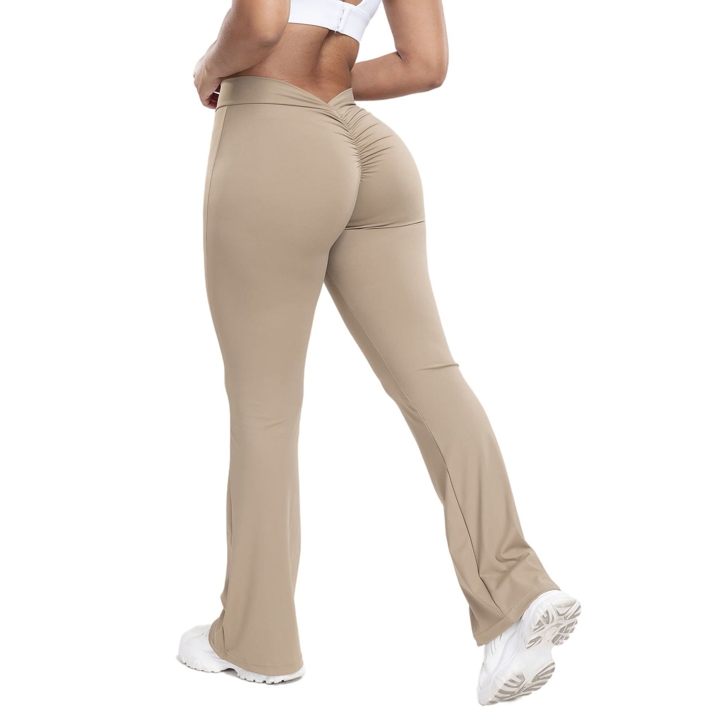 Peach trumpet pants for women are high-waisted, hip-lifting, and designed with a wide-leg fit, perfect for yoga and fitness.