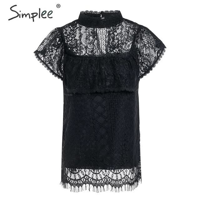 O-neck lace blouse with embroidery, ruffle lining, and a hollow-out design, perfect for summer parties.