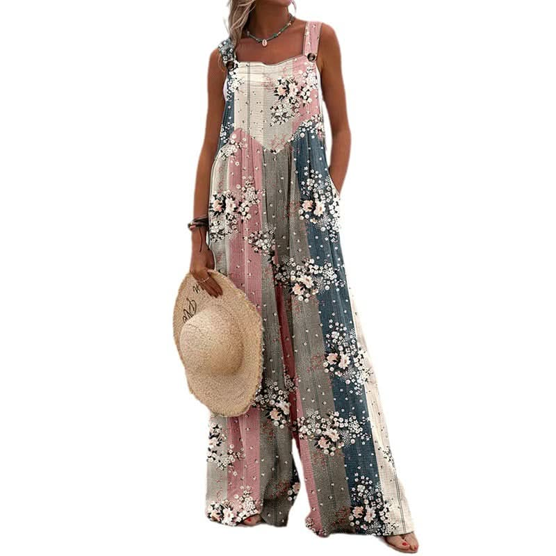 Women Jumpsuits Summer Overalls Boho Vintage Print Square Neck Sleeveless Casual Rompers Pockets Wide-Leg Pants Womans Playsuit