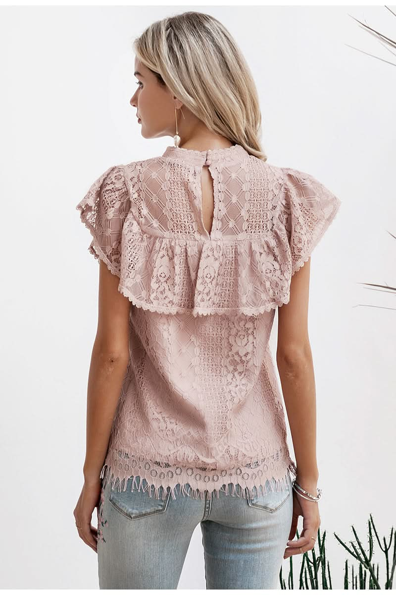 O-neck lace blouse with embroidery, ruffle lining, and a hollow-out design, perfect for summer parties.