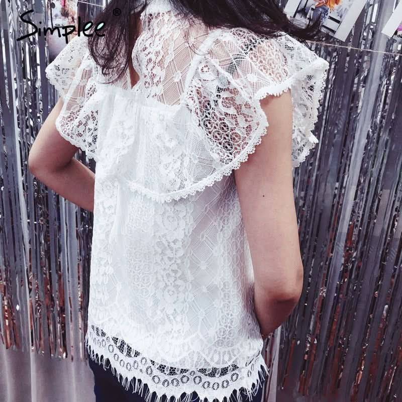 O-neck lace blouse with embroidery, ruffle lining, and a hollow-out design, perfect for summer parties.