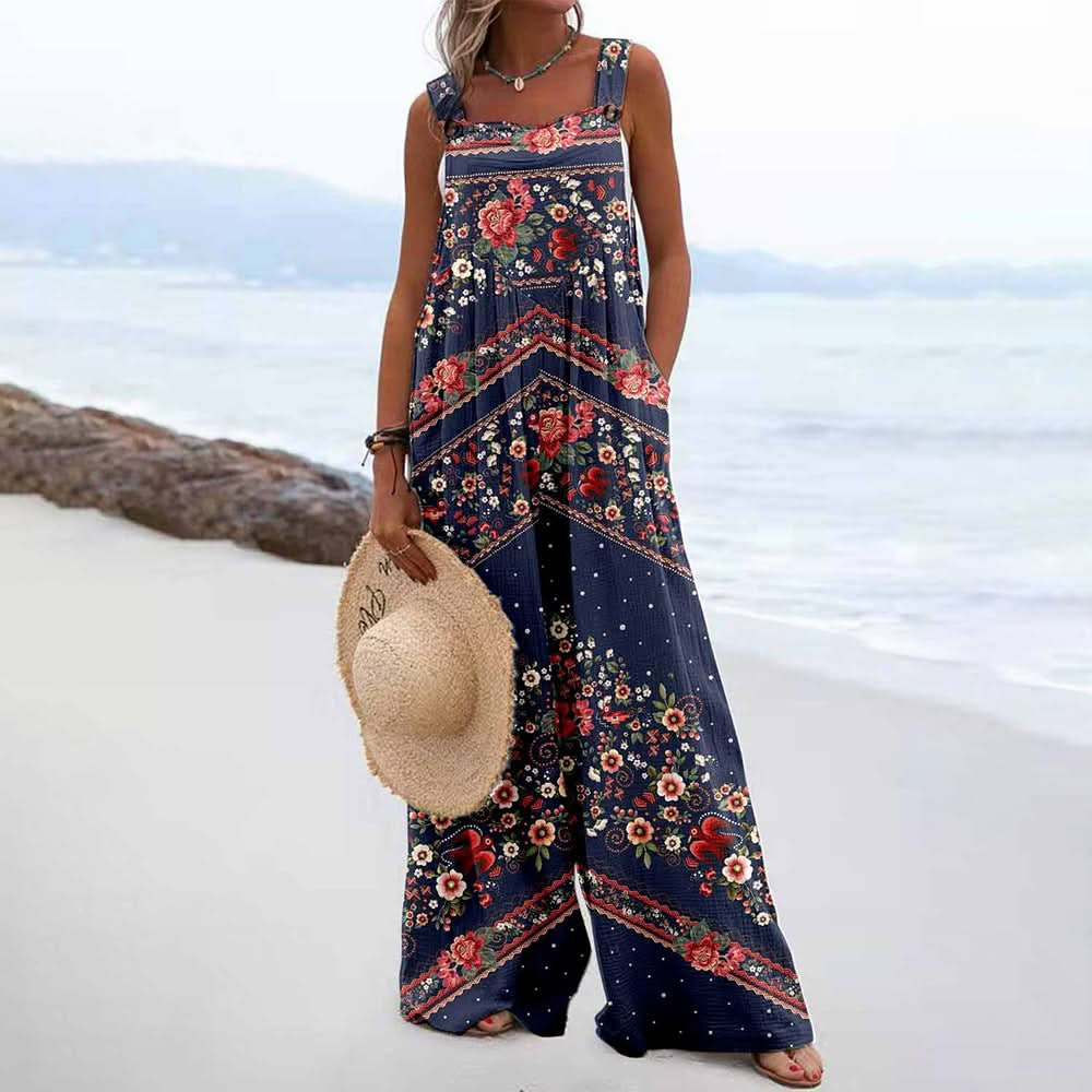 Women Jumpsuits Summer Overalls Boho Vintage Print Square Neck Sleeveless Casual Rompers Pockets Wide-Leg Pants Womans Playsuit