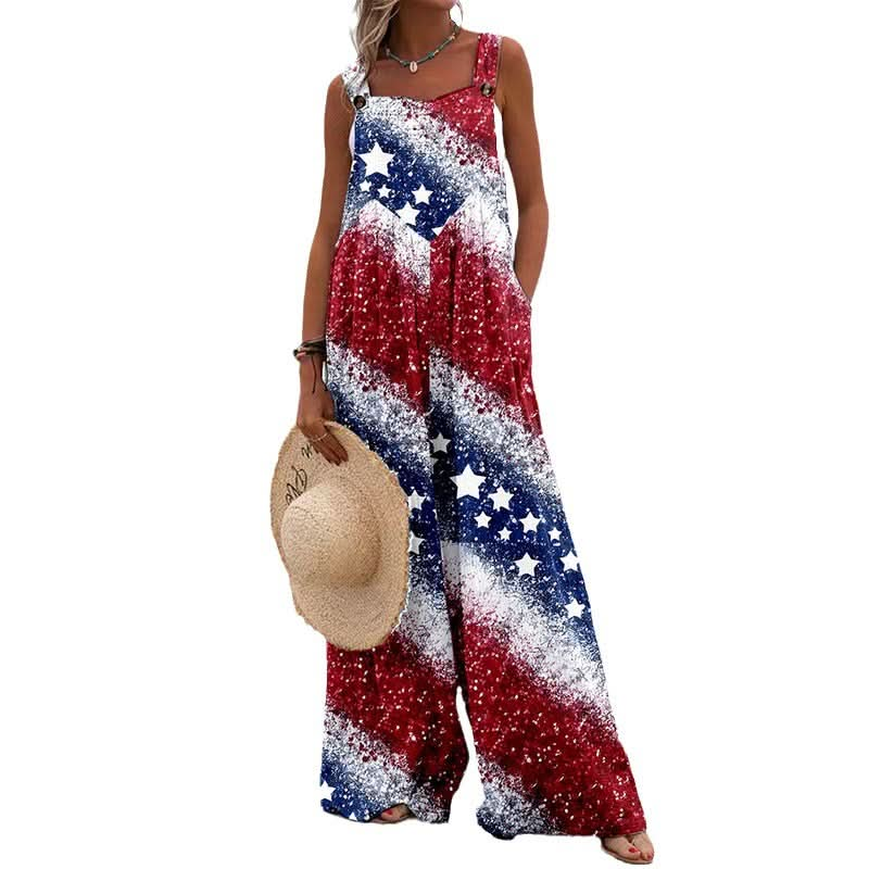 Women Jumpsuits Summer Overalls Boho Vintage Print Square Neck Sleeveless Casual Rompers Pockets Wide-Leg Pants Womans Playsuit