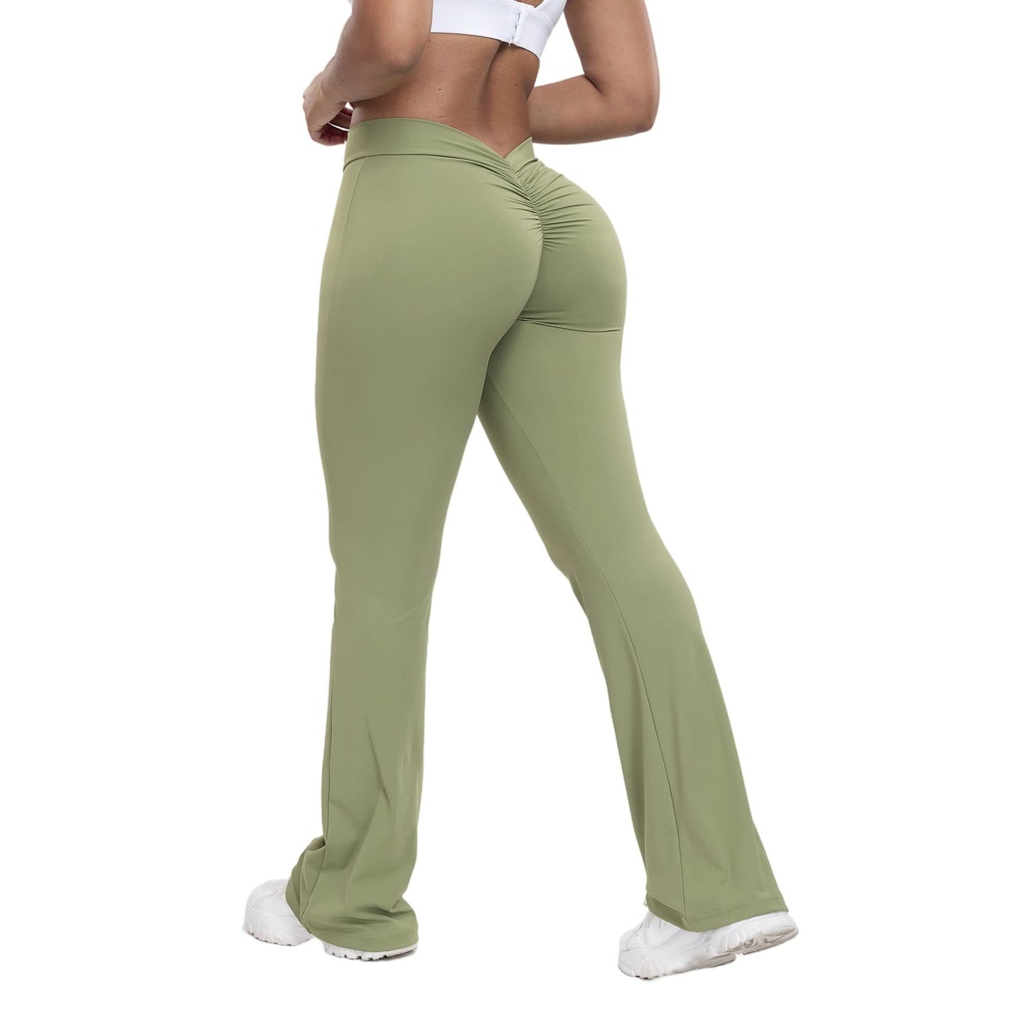 Peach trumpet pants for women are high-waisted, hip-lifting, and designed with a wide-leg fit, perfect for yoga and fitness.