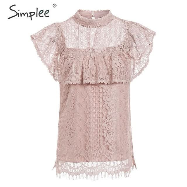 O-neck lace blouse with embroidery, ruffle lining, and a hollow-out design, perfect for summer parties.