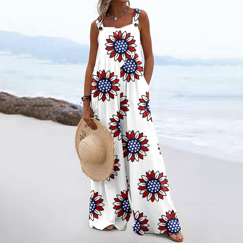 Women Jumpsuits Summer Overalls Boho Vintage Print Square Neck Sleeveless Casual Rompers Pockets Wide-Leg Pants Womans Playsuit