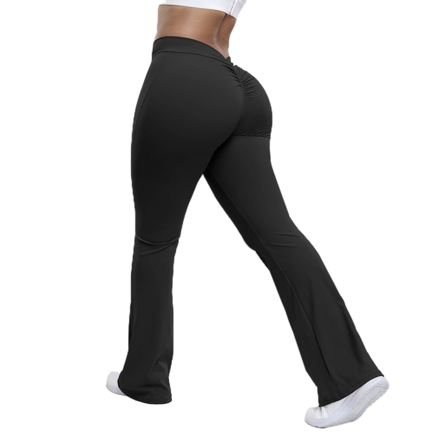 Peach trumpet pants for women are high-waisted, hip-lifting, and designed with a wide-leg fit, perfect for yoga and fitness.