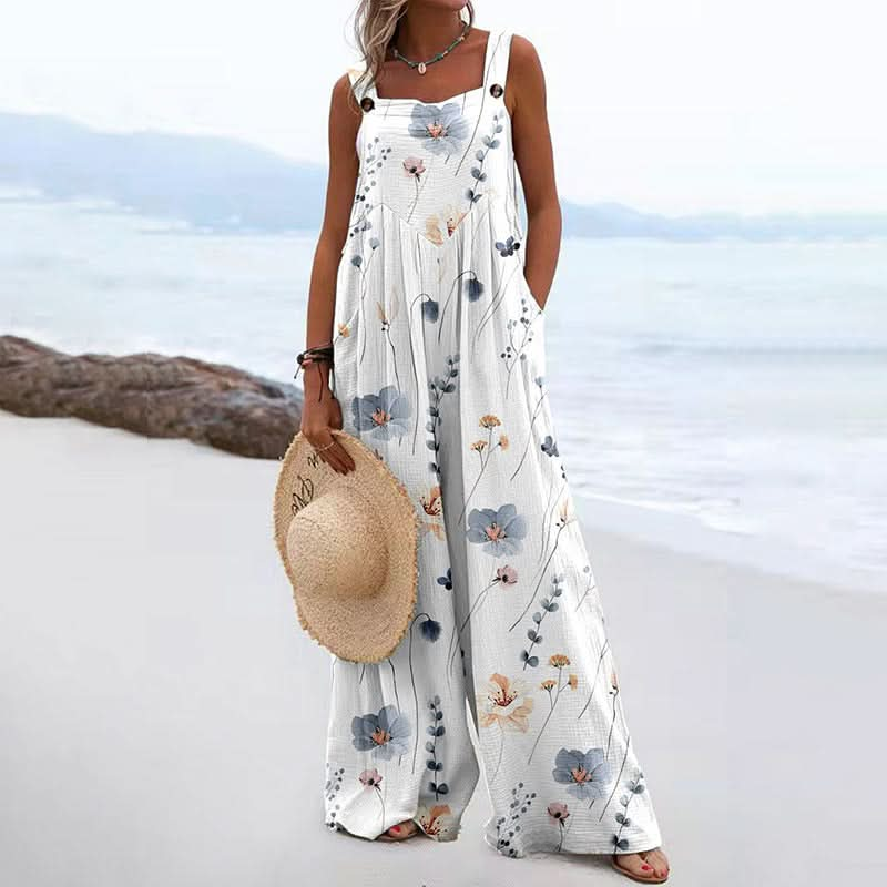 Women Jumpsuits Summer Overalls Boho Vintage Print Square Neck Sleeveless Casual Rompers Pockets Wide-Leg Pants Womans Playsuit