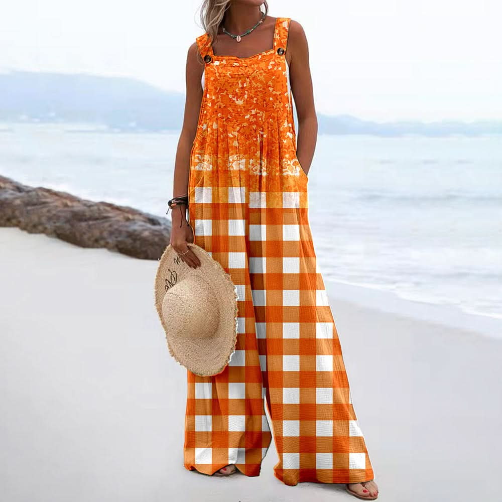 Women Jumpsuits Summer Overalls Boho Vintage Print Square Neck Sleeveless Casual Rompers Pockets Wide-Leg Pants Womans Playsuit