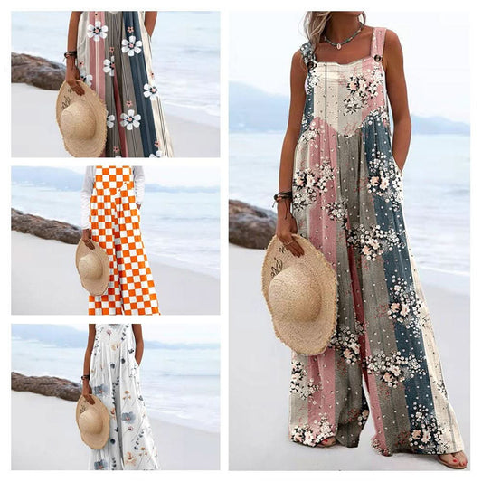 Women Jumpsuits Summer Overalls Boho Vintage Print Square Neck Sleeveless Casual Rompers Pockets Wide-Leg Pants Womans Playsuit