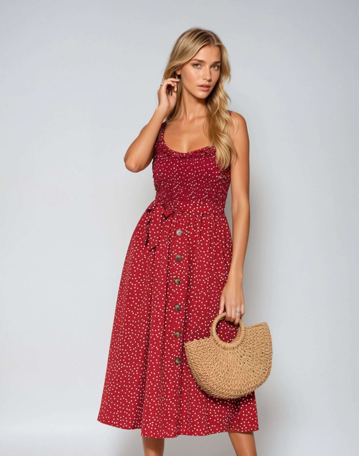 Women Spaghetti Straps Polka Dot Maxi Dress