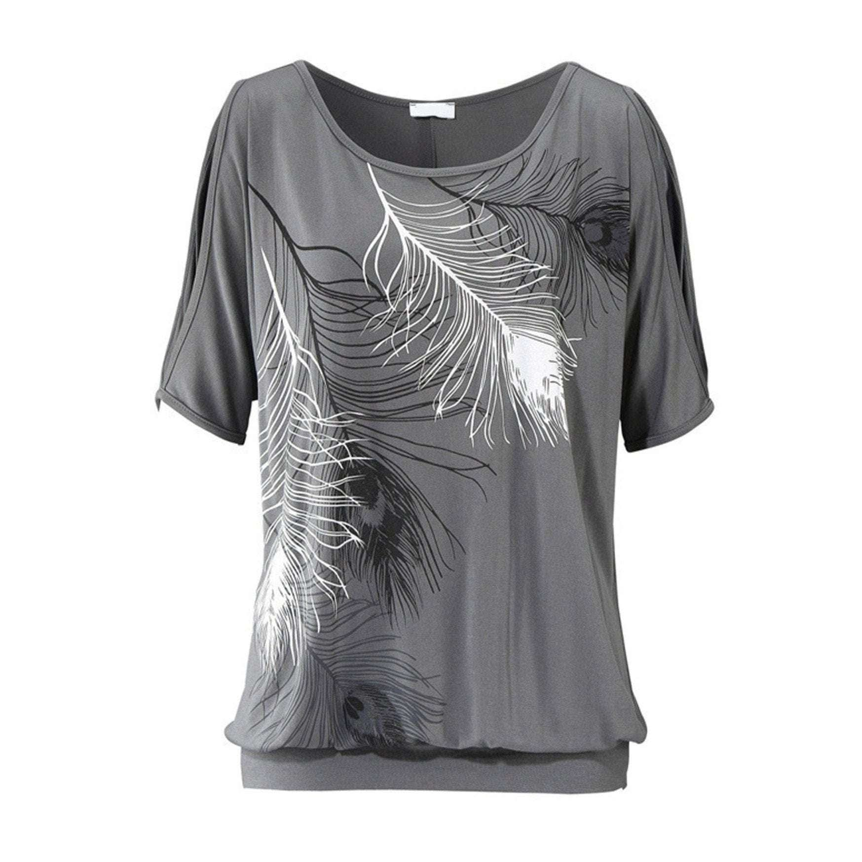 Womens Cut Shoulder Casual T Shirt with Feather Print