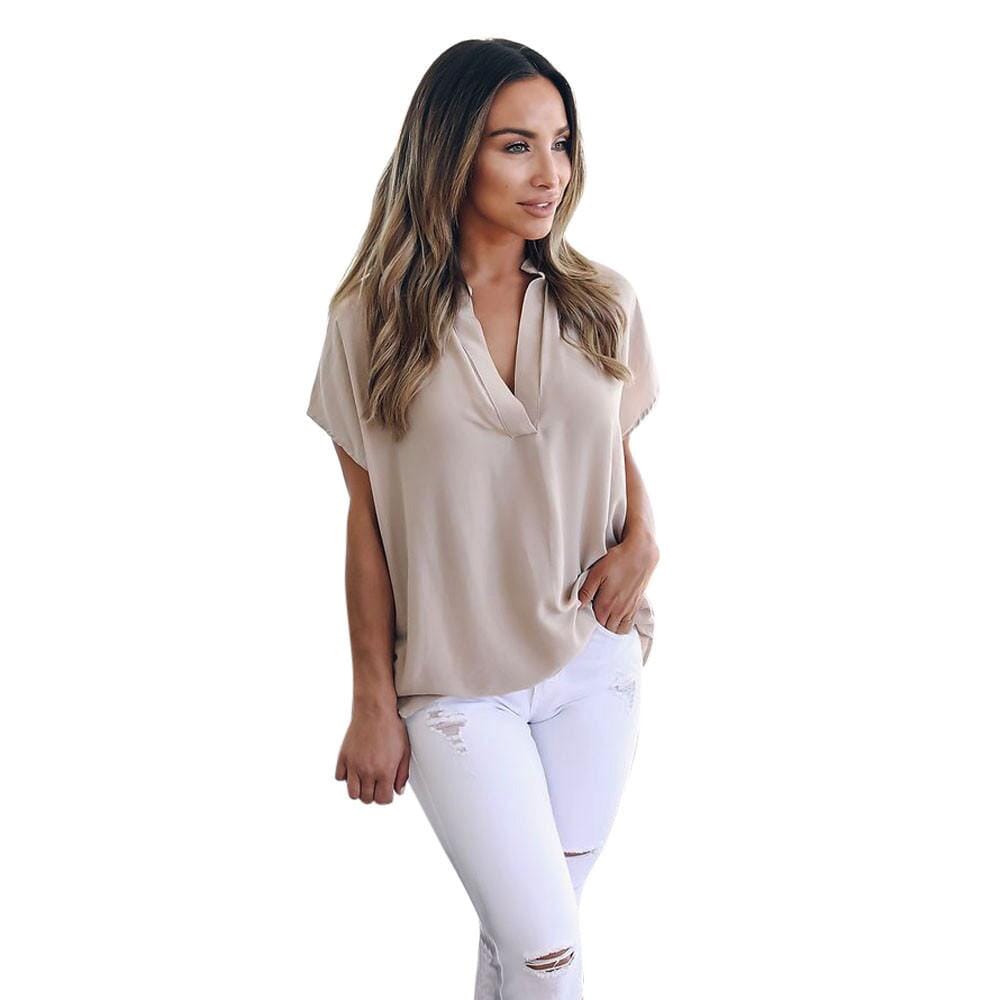 Chiffon Short Sleeve Casual, beautiful flowy Blouse eprolo Khaki S 