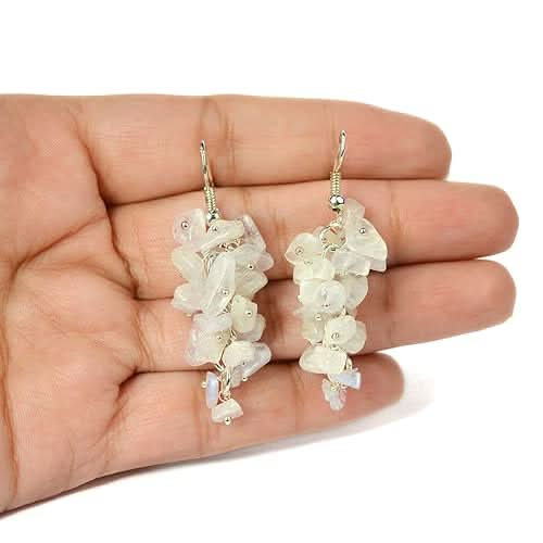 Rainbow Moonstone Natural Chip Beads Earrings Women & Girls (White)