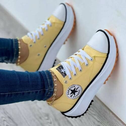 Flat Lace-Up Sneakers Pattern Canvas Casual Women Sport Shoes Sneakers & Runners Silver Juneberry Yellow 5 