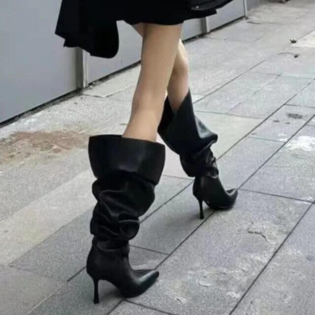 Foreign Trade Pointed Thin Heel Wide Large Sleeve Pleated Boots eprolo Black 34 