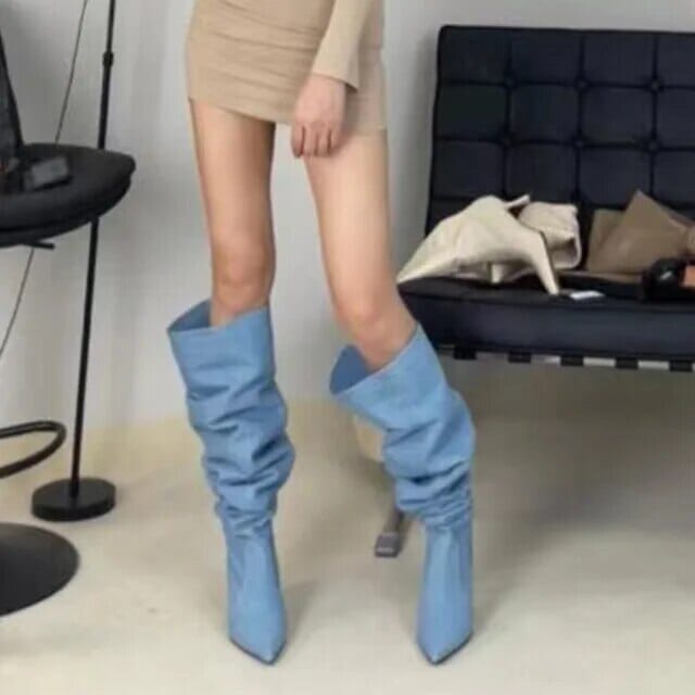 Foreign Trade Pointed Thin Heel Wide Large Sleeve Pleated Boots eprolo Sky Blue 34 