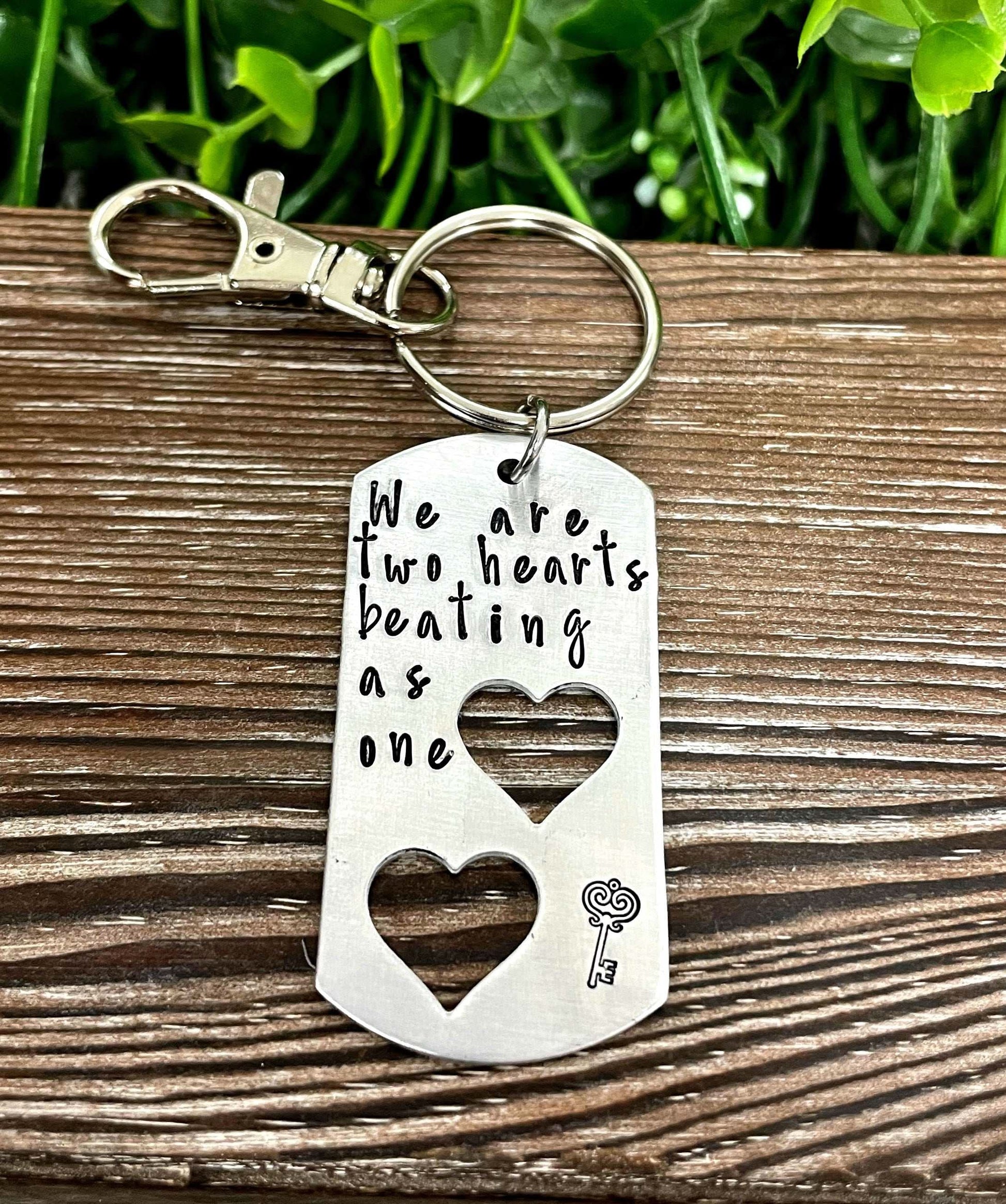 Two Hearts Beating as One Hand Stamped Key Chain Valentines Day Gift