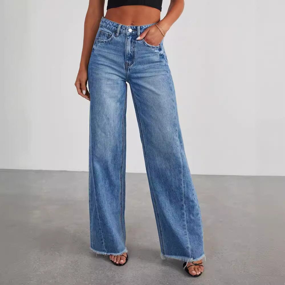 Loose wide leg side seam splicing, brushed hem denim Jeans for women eprolo 