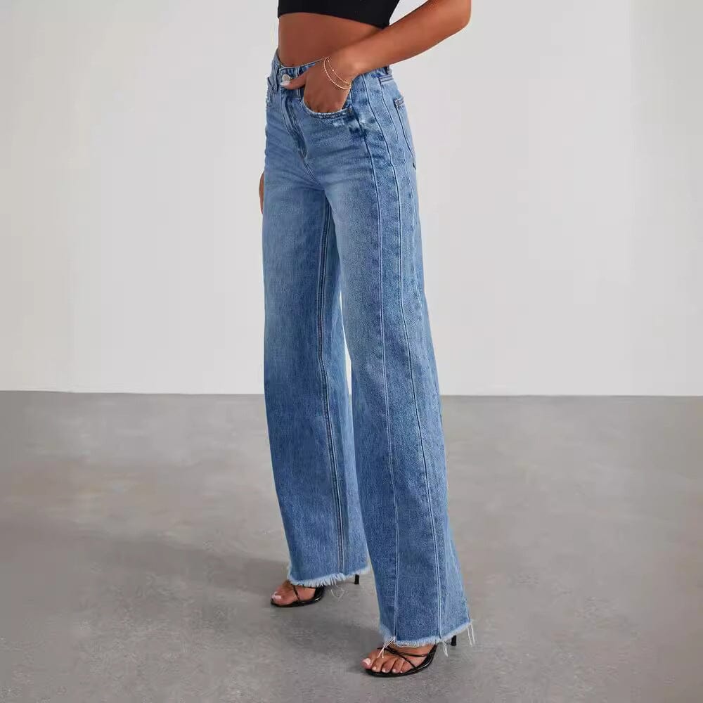 Loose wide leg side seam splicing, brushed hem denim Jeans for women eprolo 