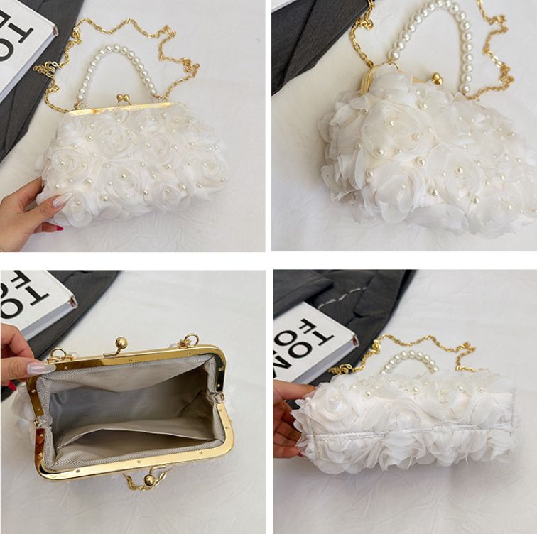 Net Lace Pleated Clutch Evening Handbag Korean Sweet Style Pearl Chain Crossbody Bag eprolo 