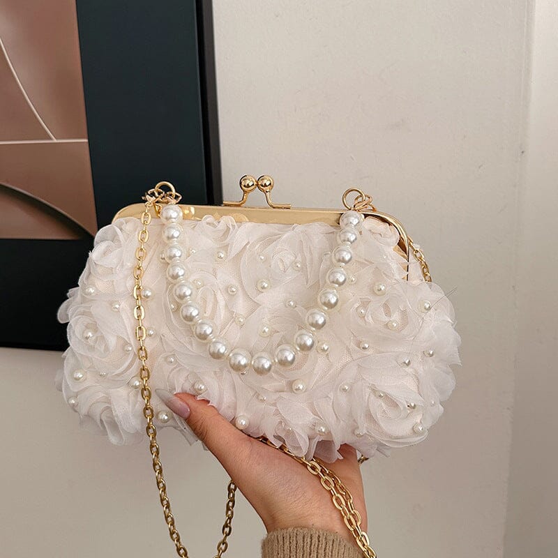 Net Lace Pleated Clutch Evening Handbag Korean Sweet Style Pearl Chain Crossbody Bag eprolo White 