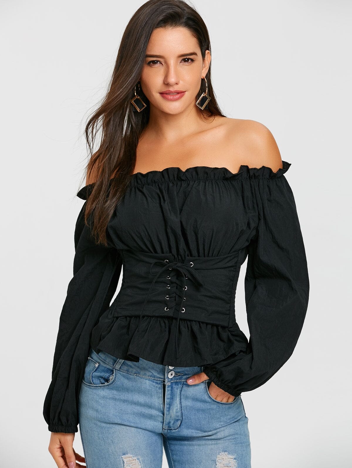 Off The Shoulder Lace Up Smocked Blouse eprolo 