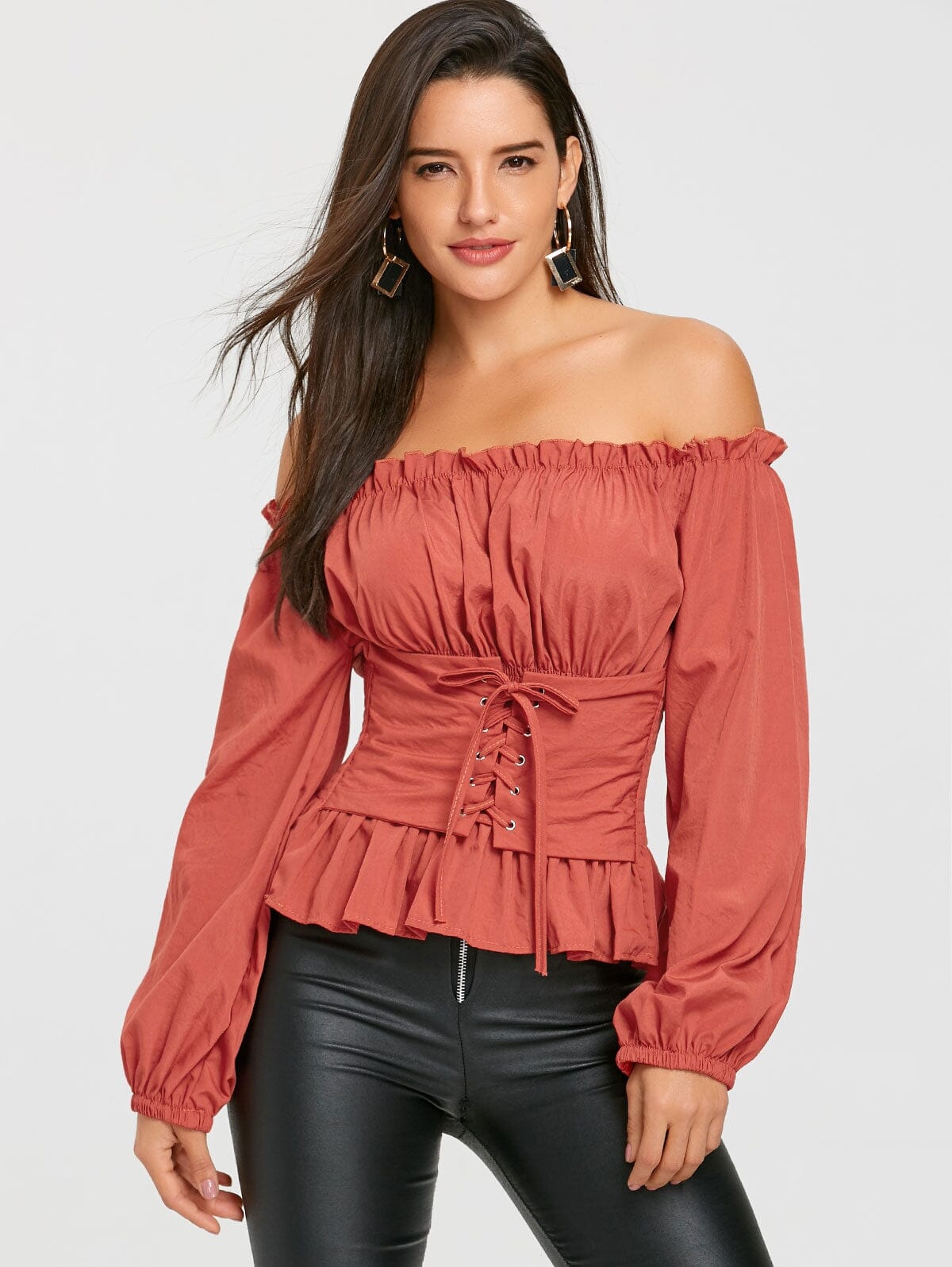 Off The Shoulder Lace Up Smocked Blouse eprolo 