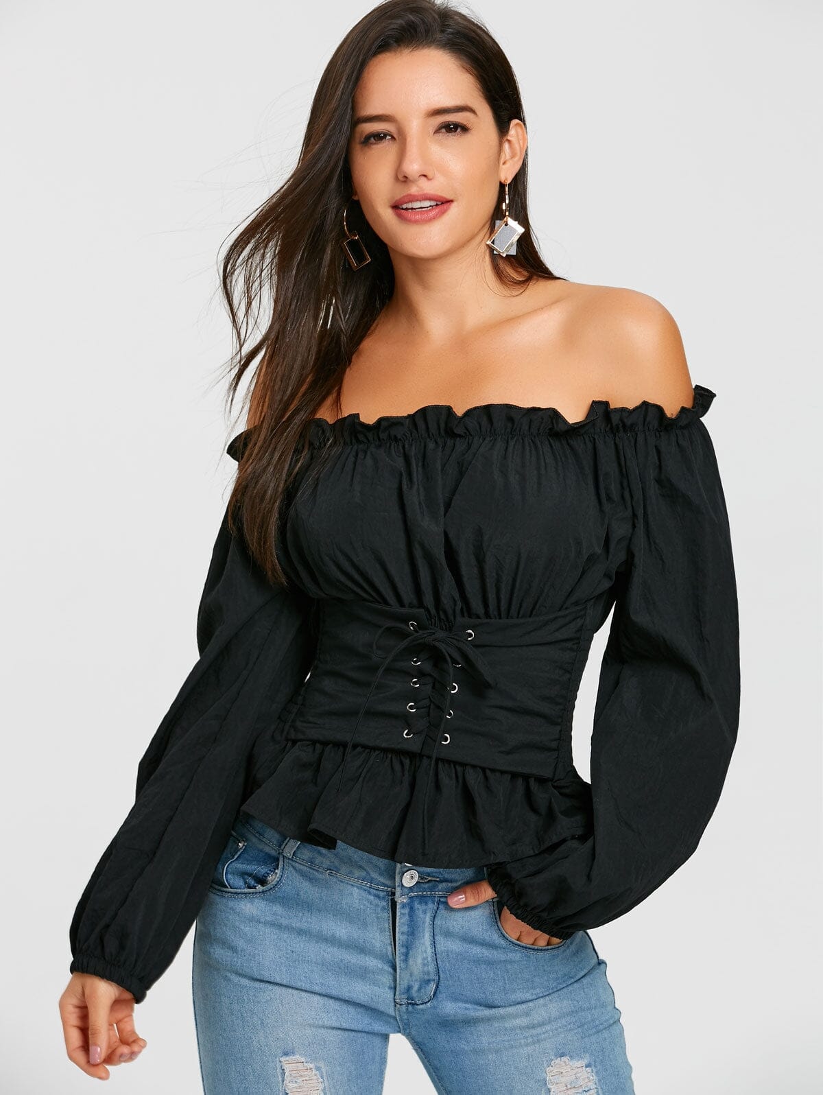 Off The Shoulder Lace Up Smocked Blouse eprolo Black M 