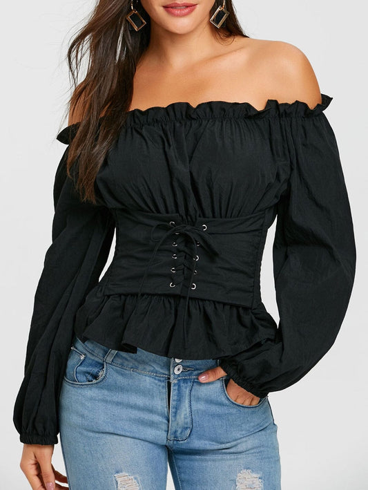 Off The Shoulder Lace Up Smocked Blouse eprolo BLACK S 