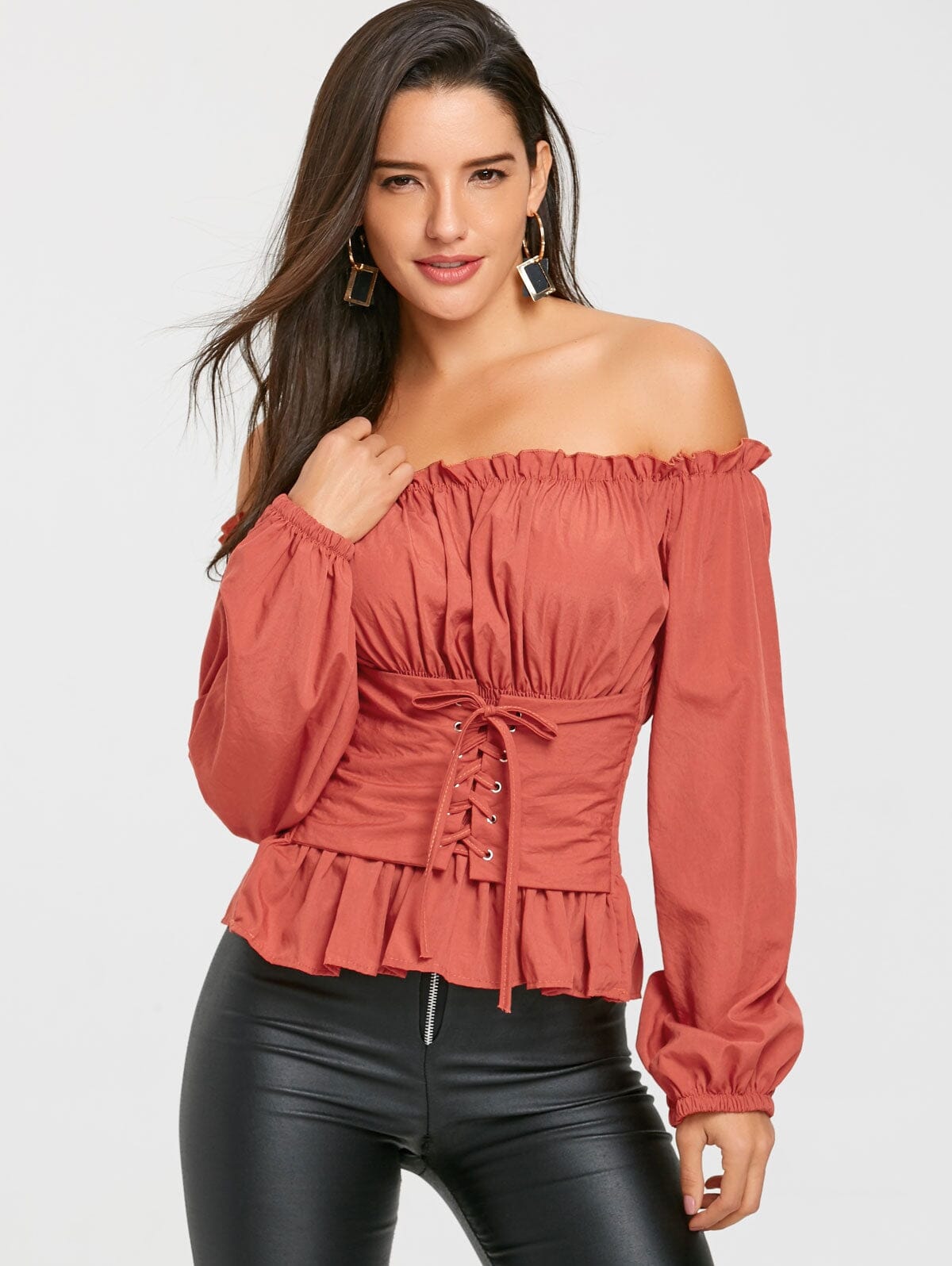 Off The Shoulder Lace Up Smocked Blouse eprolo JACINTH S 