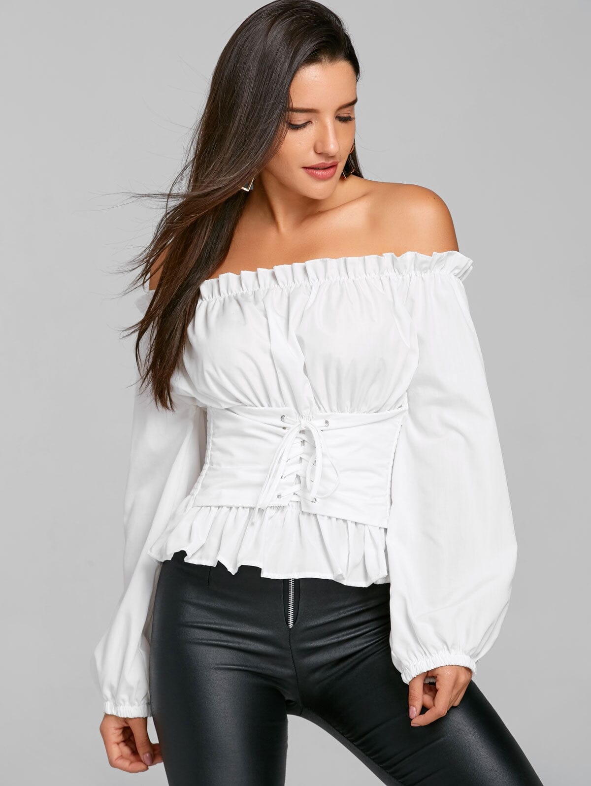 Off The Shoulder Lace Up Smocked Blouse eprolo White S 