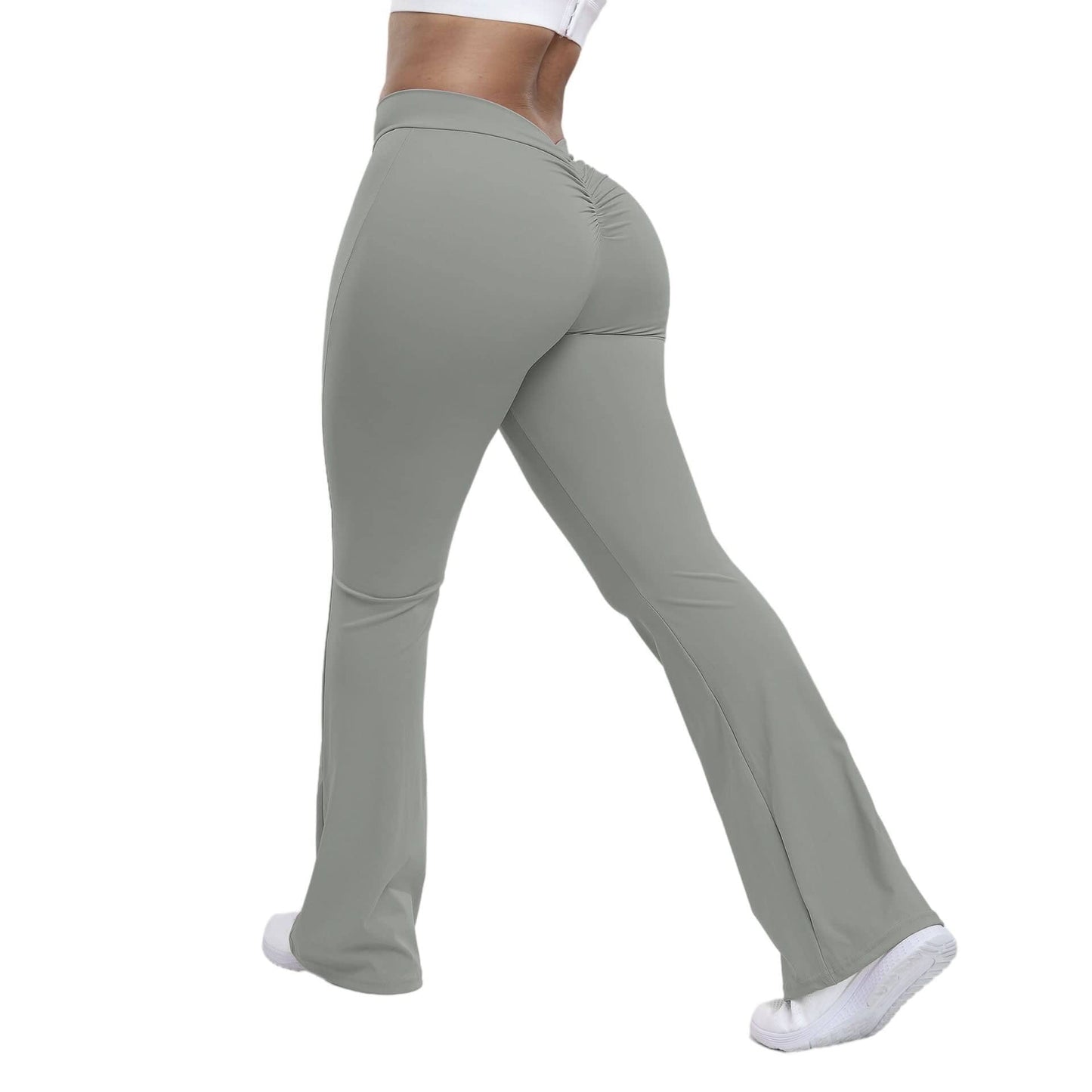 Peach trumpet pants for women are high-waisted, hip-lifting, and designed with a wide-leg fit, perfect for yoga and fitness. eprolo grey S 