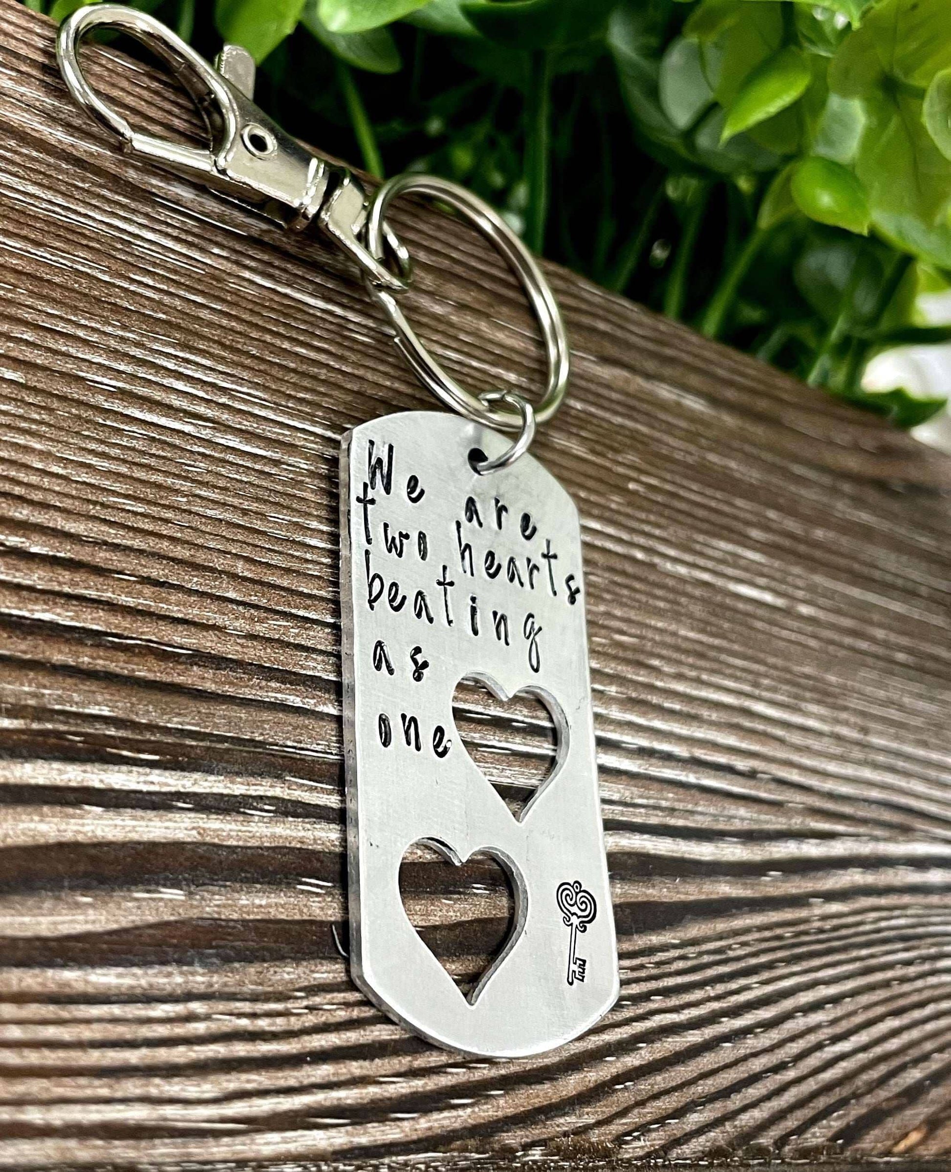 Two Hearts Beating as One Hand Stamped Key Chain Valentines Day Gift Necklaces Viridian Thalassa 