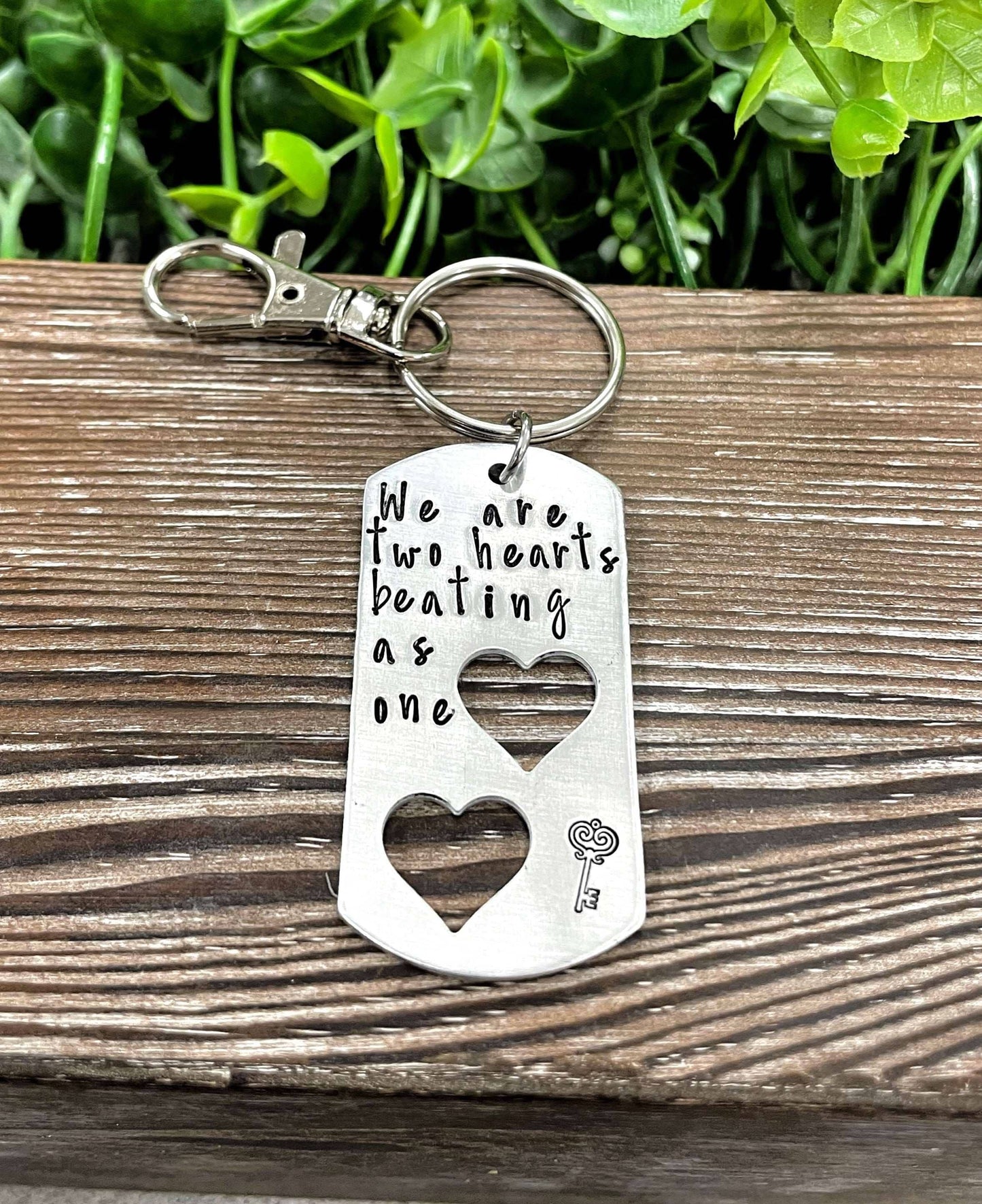 Two Hearts Beating as One Hand Stamped Key Chain Valentines Day Gift Necklaces Viridian Thalassa 