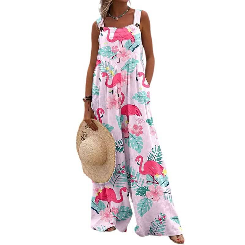 Women Jumpsuits Summer Overalls Boho Vintage Print Square Neck Sleeveless Casual Rompers Pockets Wide-Leg Pants Womans Playsuit eprolo Flamingo S 