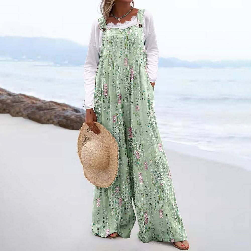 Women Jumpsuits Summer Overalls Boho Vintage Print Square Neck Sleeveless Casual Rompers Pockets Wide-Leg Pants Womans Playsuit eprolo Light green tassel S 