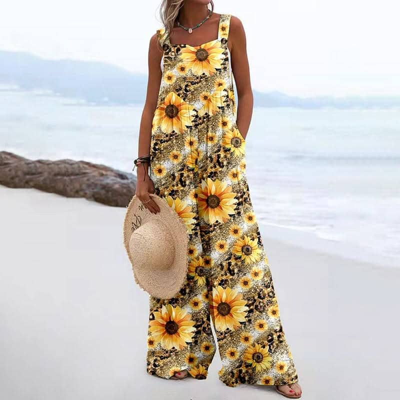 Women Jumpsuits Summer Overalls Boho Vintage Print Square Neck Sleeveless Casual Rompers Pockets Wide-Leg Pants Womans Playsuit eprolo sunflower S 