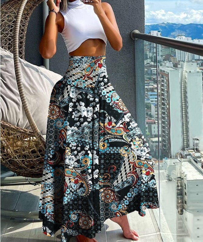 Women's Long Skirt Beach Boho Print Skirts for Women eprolo Black S 