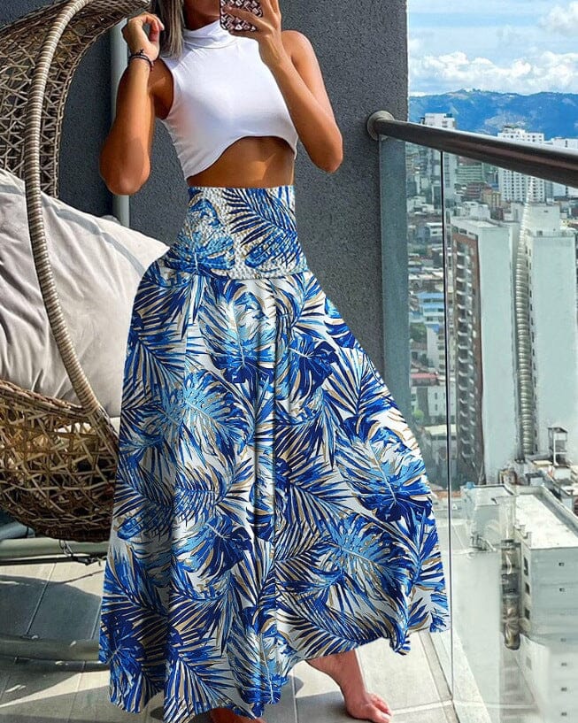 Women's Long Skirt Beach Boho Print Skirts for Women eprolo Blue leaf print S 