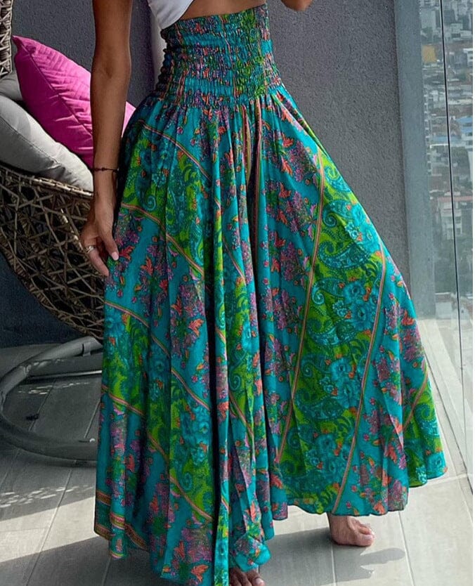 Women's Long Skirt Beach Boho Print Skirts for Women eprolo Green print S 