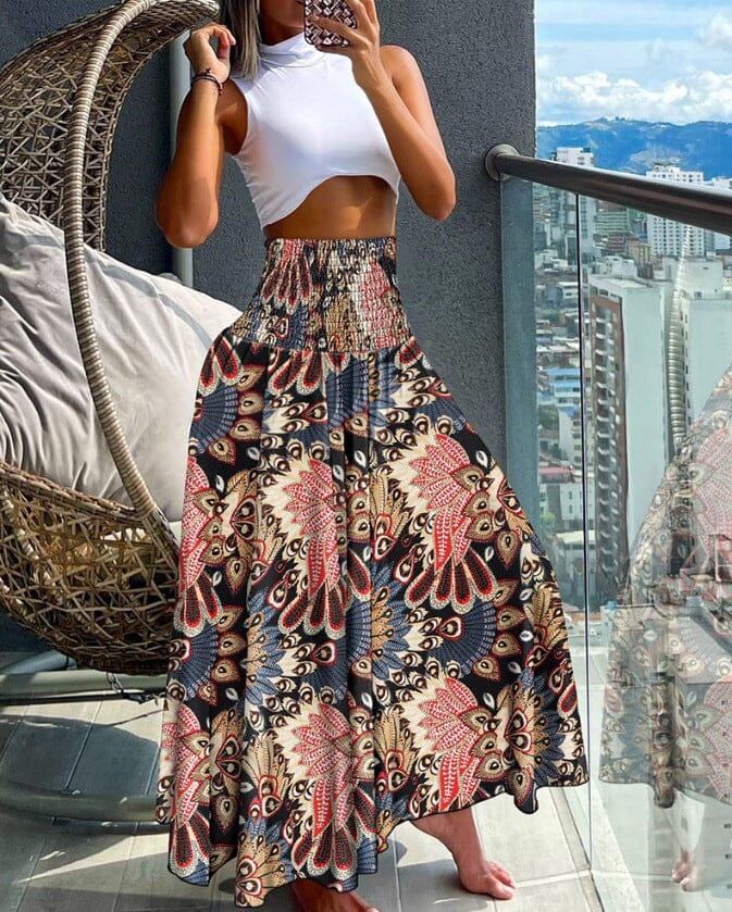 Women's Long Skirt Beach Boho Print Skirts for Women eprolo Khaki S 