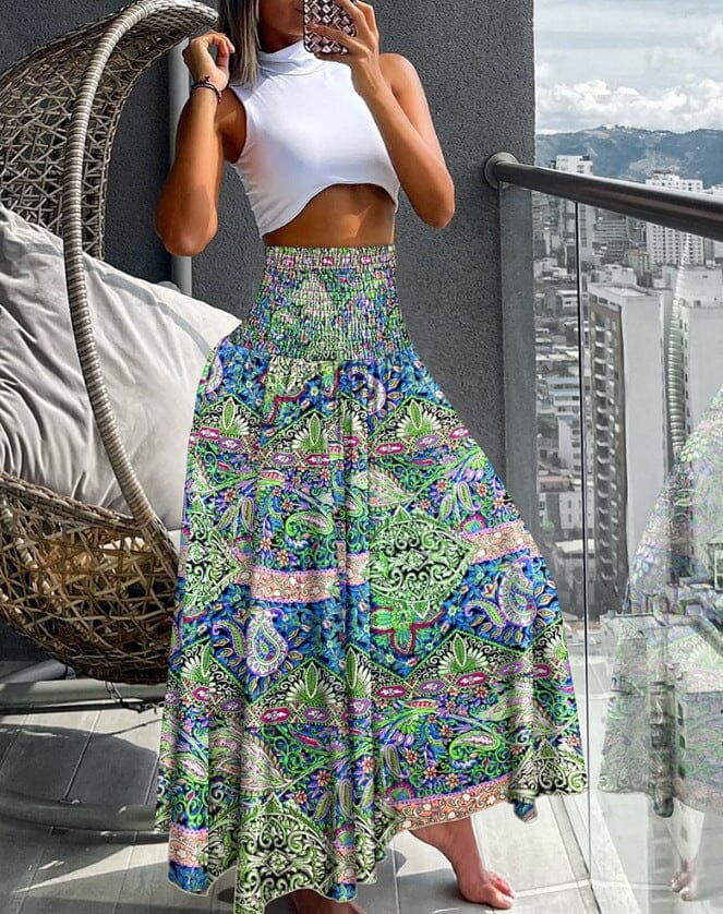 Women's Long Skirt Beach Boho Print Skirts for Women eprolo Light Green S 