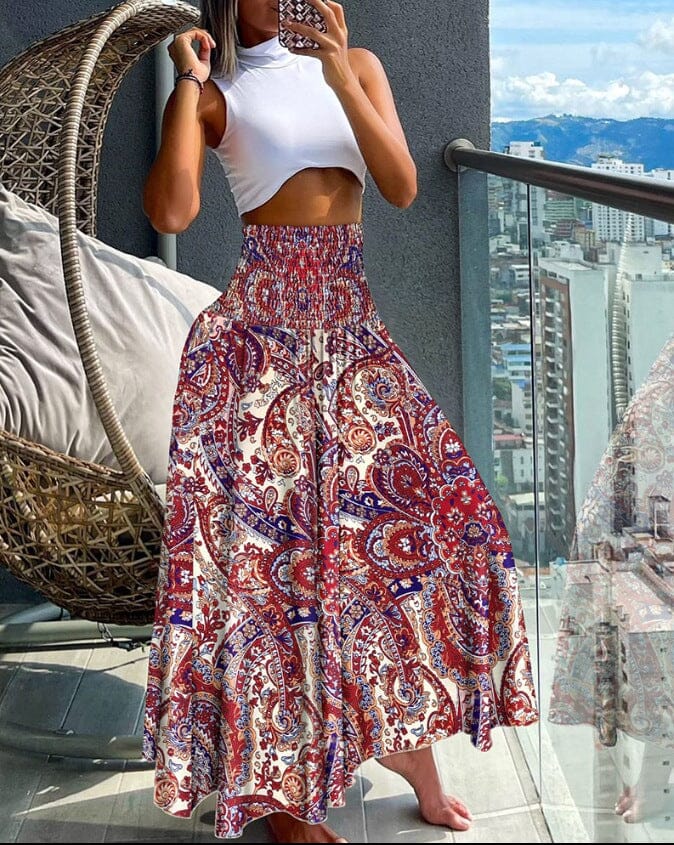 Women's Long Skirt Beach Boho Print Skirts for Women eprolo Red S 