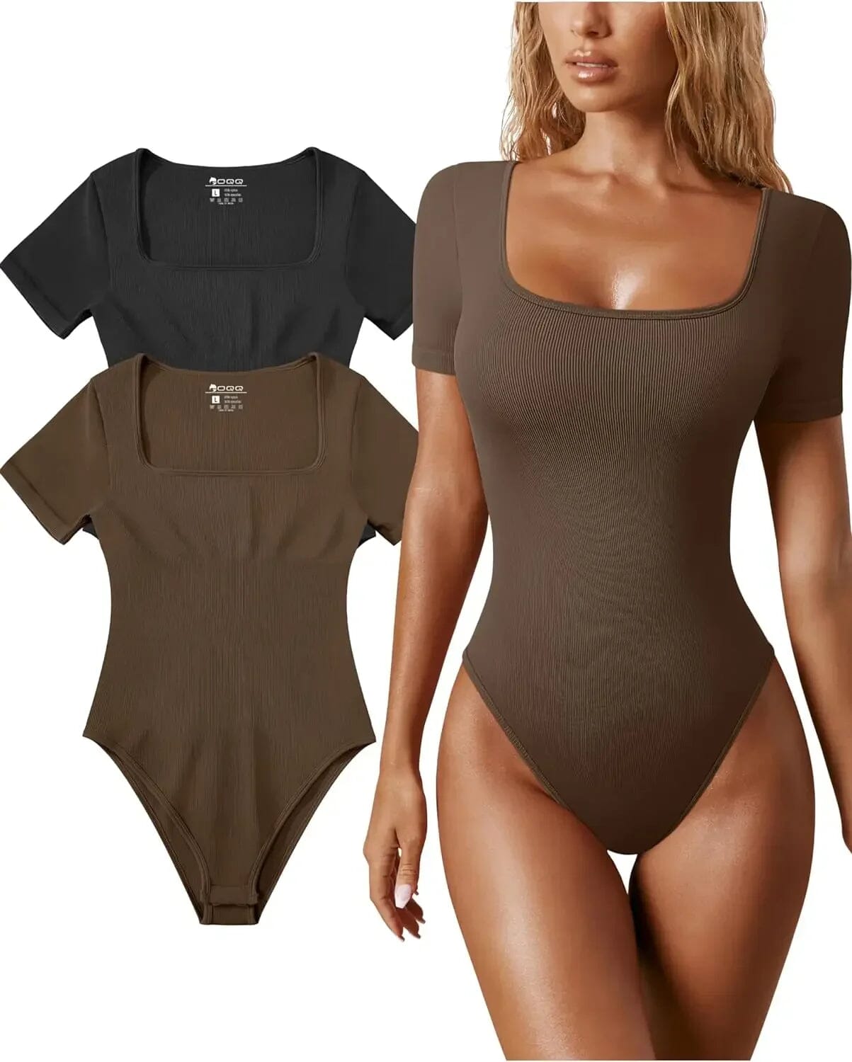 Women's Sexy Ribbed One Piece Square Neck Short Sleeve Bodysuit eprolo 